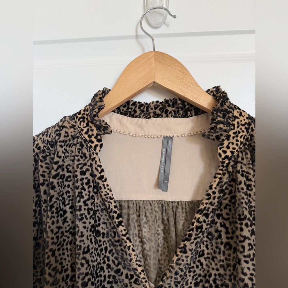 Anthropologie Sheer Leopard Flocked Velvet BlouseBoho Ruffle Balloon Sleeve - Picture 9 of 10
